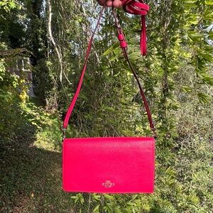 COACH Shoulder/Crossbody Purse Foldover Clutch Bag Pebble Leather Pink AUTHENTIC